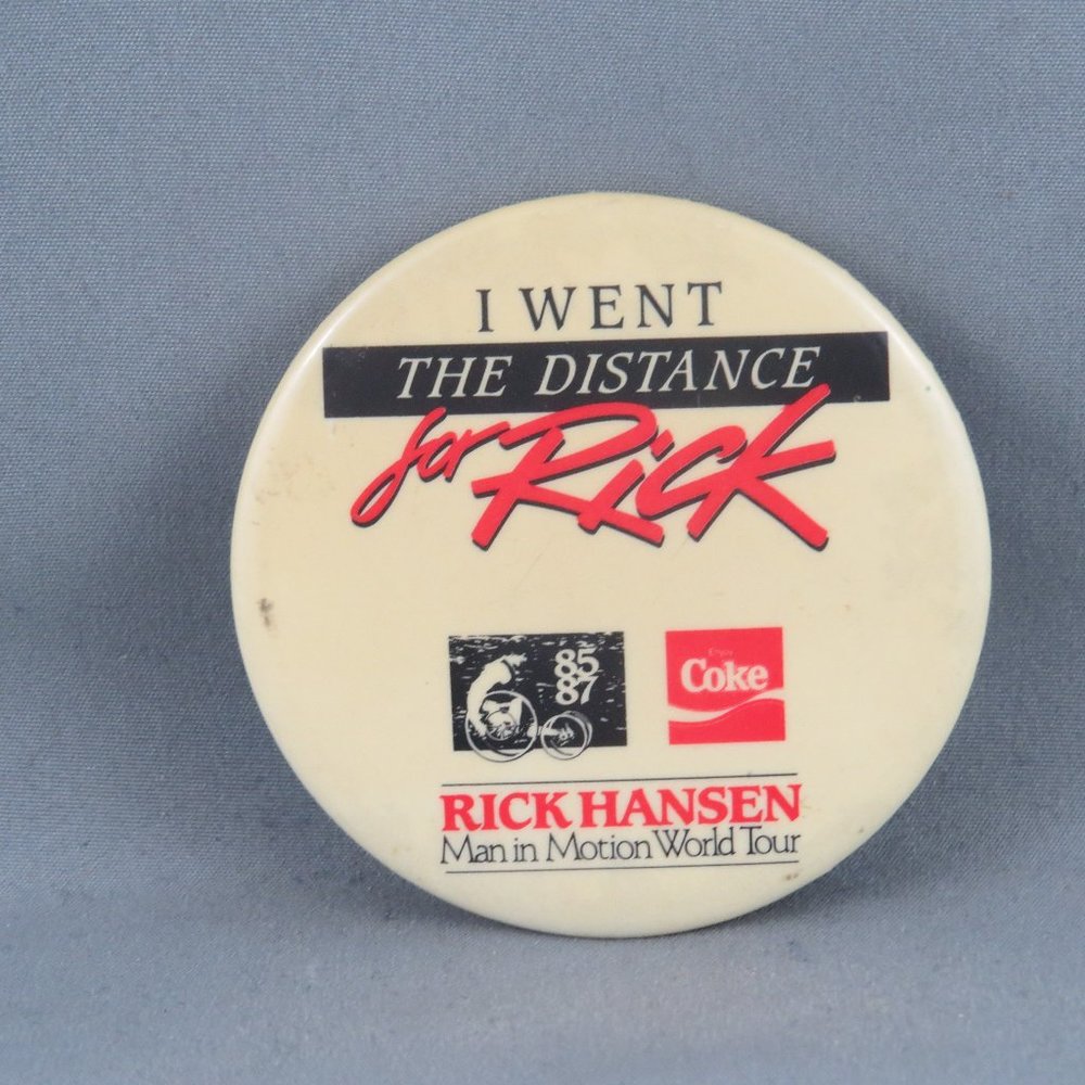 Vintage Event Pin - Rick Hansen Man in Motion Coke Promo - Celluloid Pin